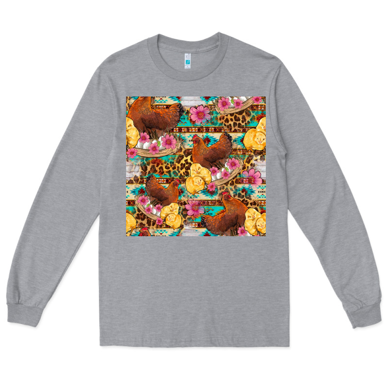 Chicken And Chicks With Flowers Seamless Pattern Long Sleeve Tee by FaDigitalArtStudio | Teevron