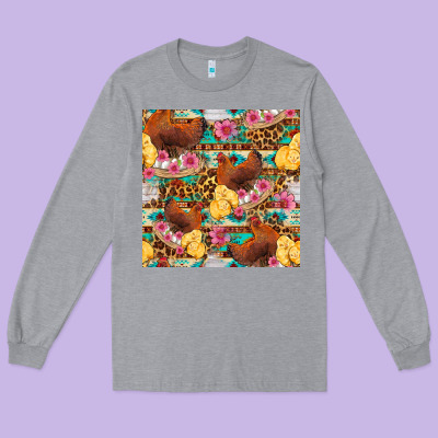 Chicken And Chicks With Flowers Seamless Pattern Long Sleeve Tee Designed By Fadigitalartstudio