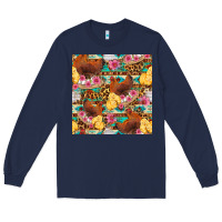 Navy chicken and chicks with flowers seamless pattern Long Sleeve Tee - FaDigitalArtStudio