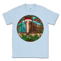 Dusty Blue Brown Horse Christmas Classic Tee - RanaPortraitStore