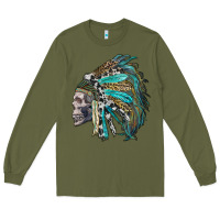 Army Green western indian headdress with skull Long Sleeve Tee - RanaPortraitStore