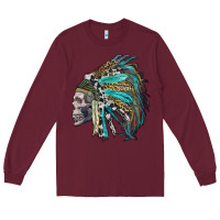 Burgundy western indian headdress with skull Long Sleeve Tee - RanaPortraitStore