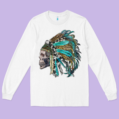 Western Indian Headdress With Skull Long Sleeve Tee Designed By Ranaportraitstore