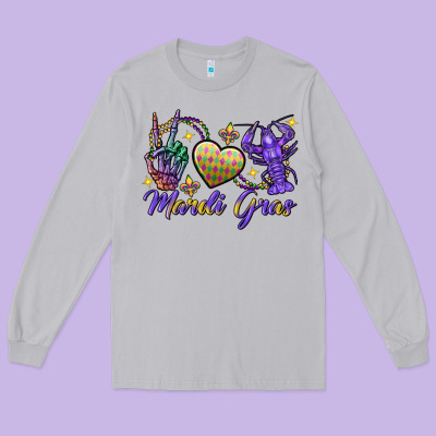 Peace Love Crawfish Mardi Gras Skeleton Hand Long Sleeve Tee Designed By Fadigitalartstudio