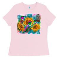 Bubblegum Pink hummingbirds sunflower Ladies Tee - TumblerDesignByShophia
