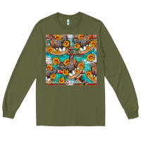 Army Green chicken with eggs and sunflowers seamles pattern Long Sleeve Tee - FaDigitalArtStudio