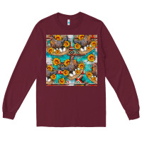 Burgundy chicken with eggs and sunflowers seamles pattern Long Sleeve Tee - FaDigitalArtStudio
