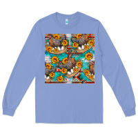 Colony Blue chicken with eggs and sunflowers seamles pattern Long Sleeve Tee - FaDigitalArtStudio