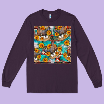 Chicken With Eggs And Sunflowers Seamles Pattern Long Sleeve Tee Designed By Fadigitalartstudio