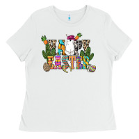 White Happy Easter with cowboy Easter Day Ladies Tee - HowdyJamesFarm