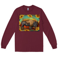Burgundy western bison with sunset background Long Sleeve Tee - RanaPortraitStore