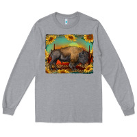 Heather Grey western bison with sunset background Long Sleeve Tee - RanaPortraitStore