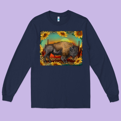 Western Bison With Sunset Background Long Sleeve Tee Designed By Ranaportraitstore