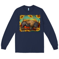 Navy western bison with sunset background Long Sleeve Tee - RanaPortraitStore