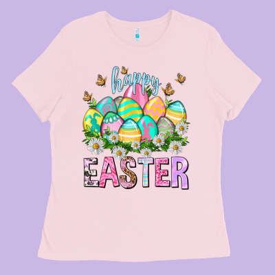 Happy Easter With Eggs Easter Day Ladies Tee Designed By Howdyjamesfarm