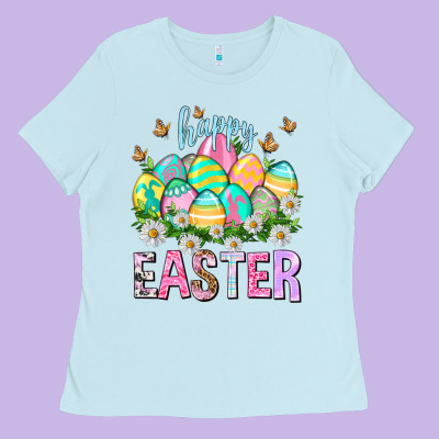 Happy Easter With Eggs Easter Day Ladies Tee Designed By Howdyjamesfarm