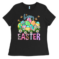 Black Happy Easter with eggs Easter Day Ladies Tee - HowdyJamesFarm
