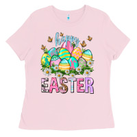 Bubblegum Pink Happy Easter with eggs Easter Day Ladies Tee - HowdyJamesFarm