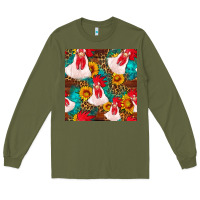 Army Green western  chicken with sunflowers seamless pattern Long Sleeve Tee - FaDigitalArtStudio