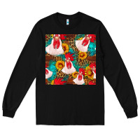 Black western  chicken with sunflowers seamless pattern Long Sleeve Tee - FaDigitalArtStudio