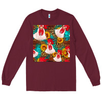 Burgundy western  chicken with sunflowers seamless pattern Long Sleeve Tee - FaDigitalArtStudio