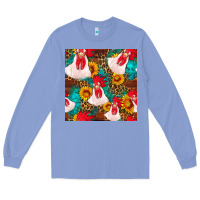 Colony Blue western  chicken with sunflowers seamless pattern Long Sleeve Tee - FaDigitalArtStudio