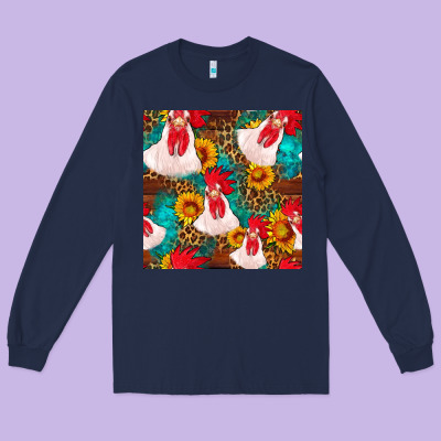 Western  Chicken With Sunflowers Seamless Pattern Long Sleeve Tee Designed By Fadigitalartstudio