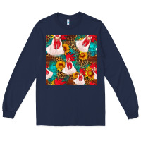Navy western  chicken with sunflowers seamless pattern Long Sleeve Tee - FaDigitalArtStudio