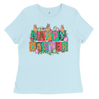 Baby Blue Happy Easter with plate letters Easter Day Ladies Tee - HowdyJamesFarm