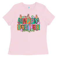 Bubblegum Pink Happy Easter with plate letters Easter Day Ladies Tee - HowdyJamesFarm