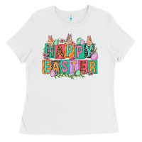 White Happy Easter with plate letters Easter Day Ladies Tee - HowdyJamesFarm