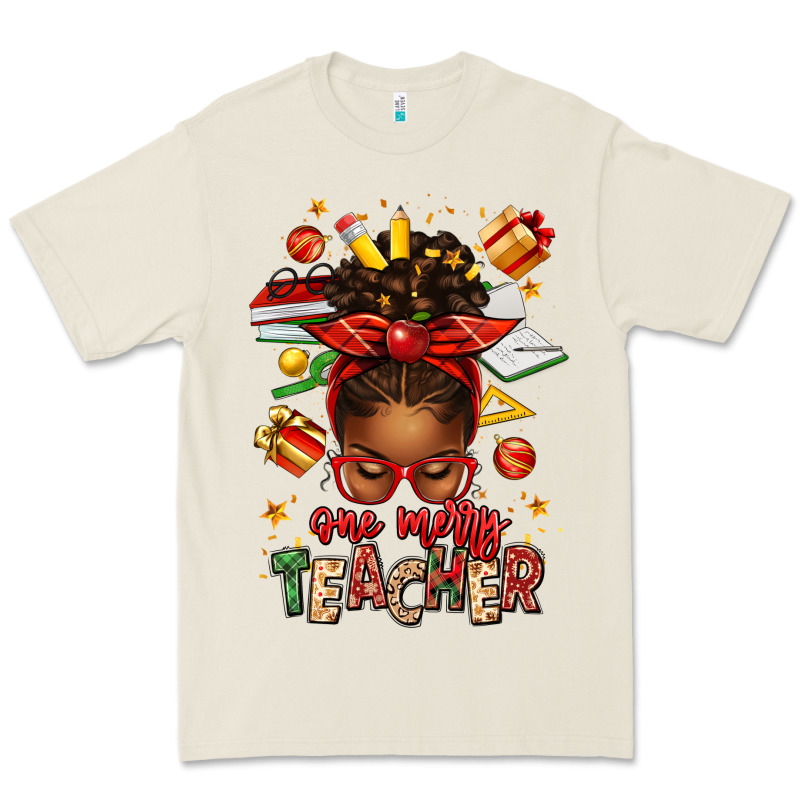 One Merry Teacher Afro Messy Bun Premium Tee by texasbilliewilder | Teevron