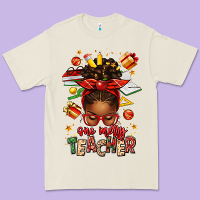 One Merry Teacher Afro Messy Bun Premium Tee Designed By Texasbilliewilder