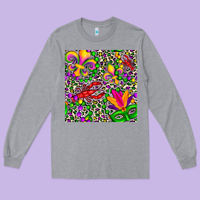 Mardi Gras Crawfish Leopard  Seamless Pattern Long Sleeve Tee Designed By Fadigitalartstudio