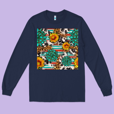 Gemstone Sunflower Cowhide Leopard Seamles Pattern Long Sleeve Tee Designed By Fadigitalartstudio