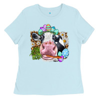 Baby Blue Happy Easter Cow with eggs Easter Day Ladies Tee - HowdyJamesFarm
