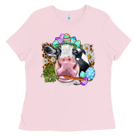 Bubblegum Pink Happy Easter Cow with eggs Easter Day Ladies Tee - HowdyJamesFarm
