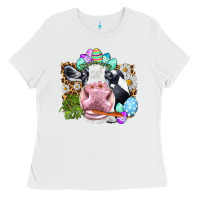 White Happy Easter Cow with eggs Easter Day Ladies Tee - HowdyJamesFarm
