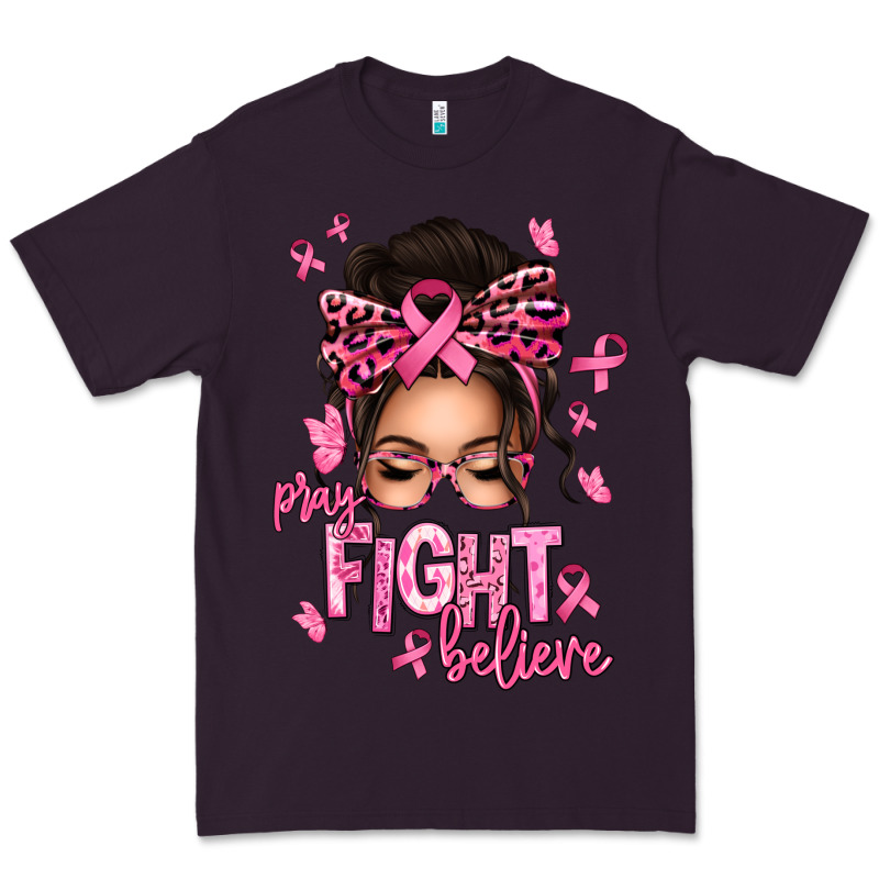 Pray Fight Believe Breast Cancer Afro Messy Bun Premium Tee by texasbilliewilder | Teevron