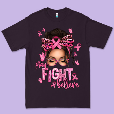 Pray Fight Believe Breast Cancer Afro Messy Bun Premium Tee Designed By Texasbilliewilder