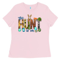 Bubblegum Pink The hunt is on with eggs Easter Day Ladies Tee - HowdyJamesFarm