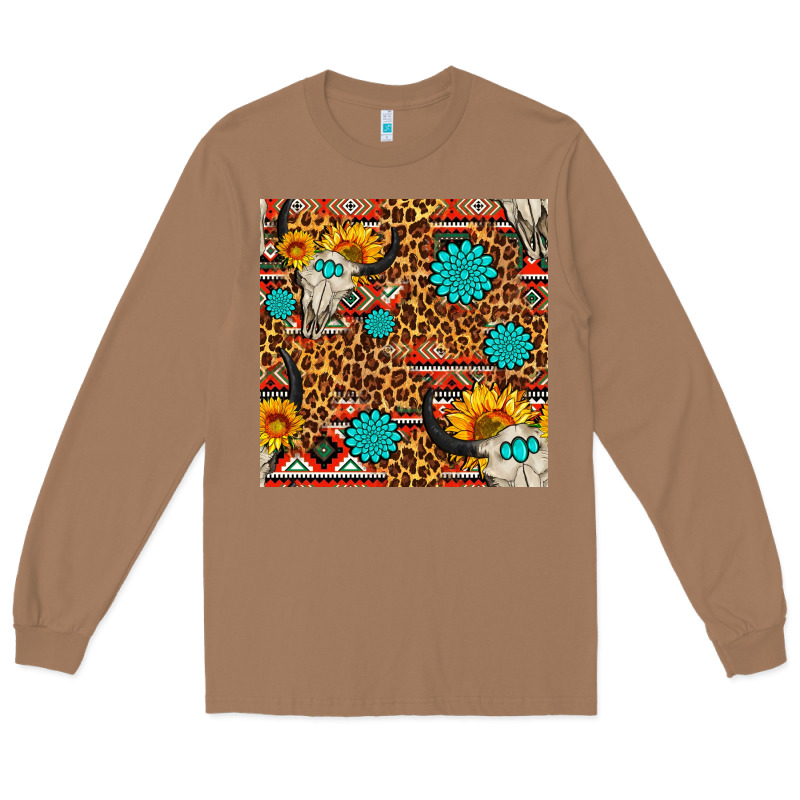 Western Aztec Bull Skull Seamless Pattern Long Sleeve Tee by FaDigitalArtStudio | Teevron