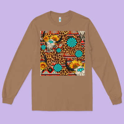 Western Aztec Bull Skull Seamless Pattern Long Sleeve Tee Designed By Fadigitalartstudio