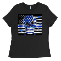 Black police flag patriotic skull Ladies Tee - TumblerDesignByShophia