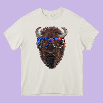 Bison With American Flag Glasses Heavy Core Tee Designed By Ranaportraitstore