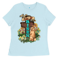 Baby Blue He is risen Bunny Cross Easter Day Ladies Tee - HowdyJamesFarm