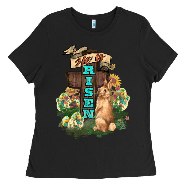 He Is Risen Bunny Cross Easter Day Ladies Tee by HowdyJamesFarm | Teevron