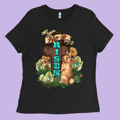 He Is Risen Bunny Cross Easter Day Ladies Tee Designed By Howdyjamesfarm
