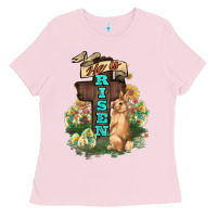 Bubblegum Pink He is risen Bunny Cross Easter Day Ladies Tee - HowdyJamesFarm