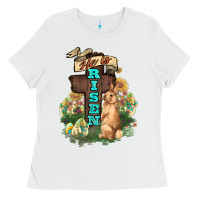 White He is risen Bunny Cross Easter Day Ladies Tee - HowdyJamesFarm